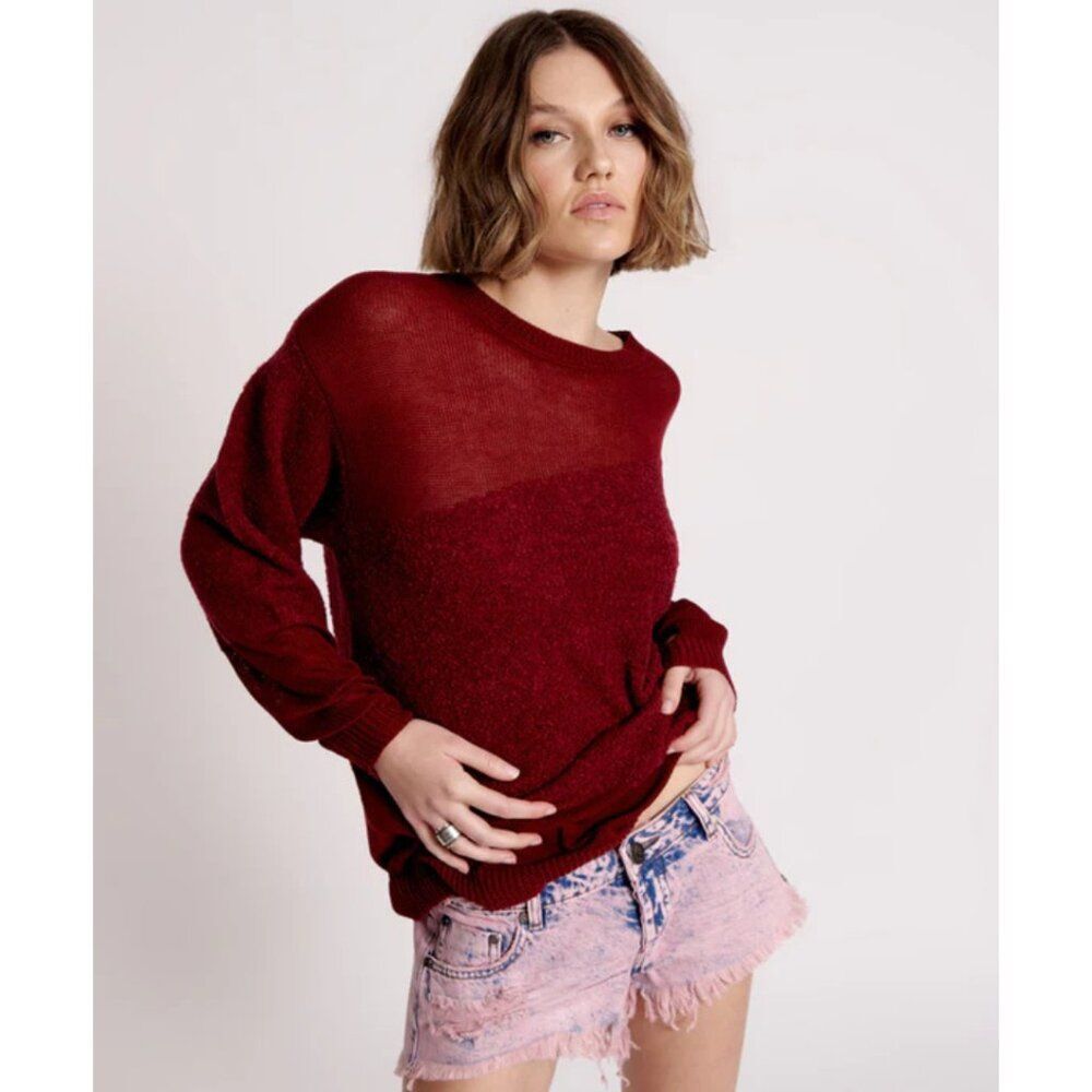 One Teaspoon Shattered Crew Knit Sweater Wine NWT Size XS Oversized